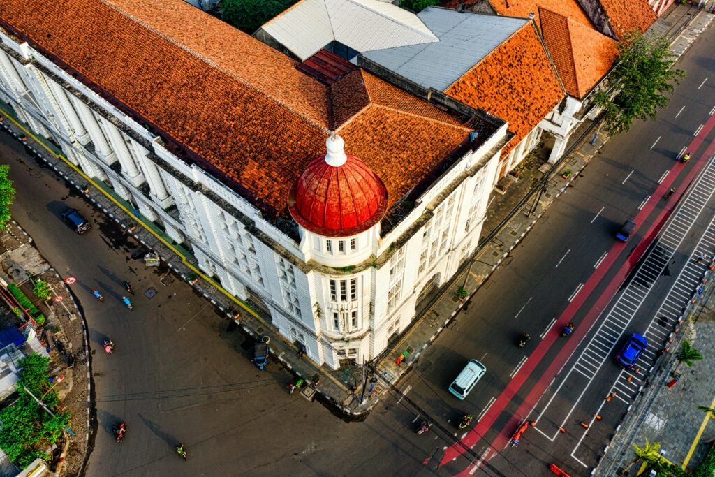 Aerial view capturing the iconic architecture of a historic building in Jakarta, Indonesia.