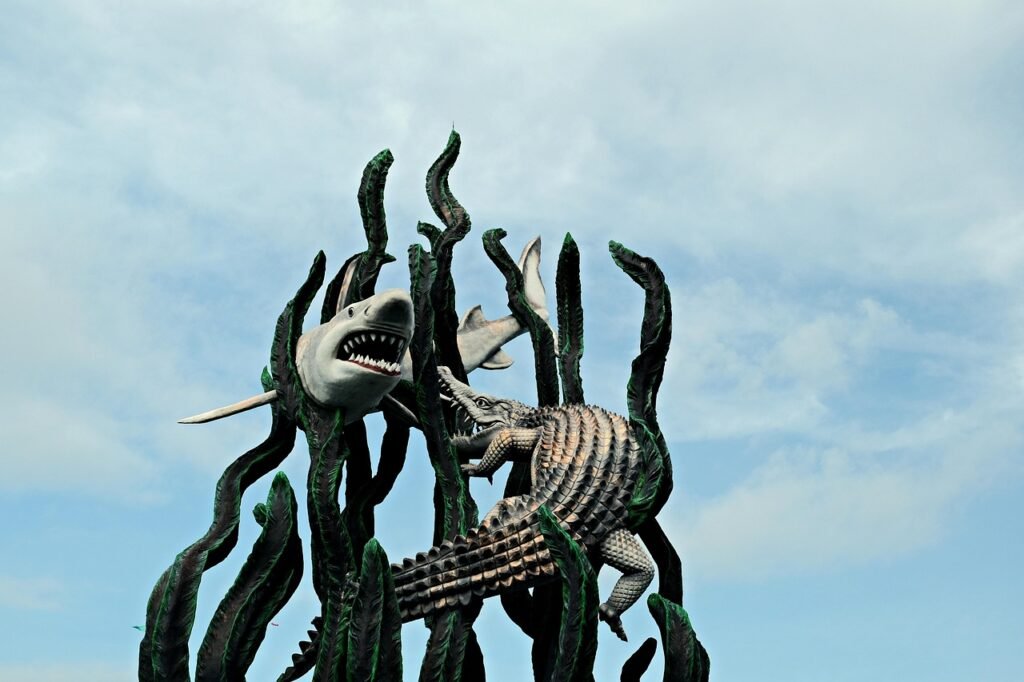 statue, monument, crocodile, shark, logo of surabaya city