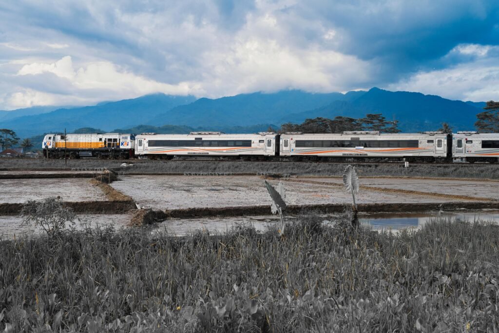 A passenger train travels through a scenic rural landscape with mountains and fields.