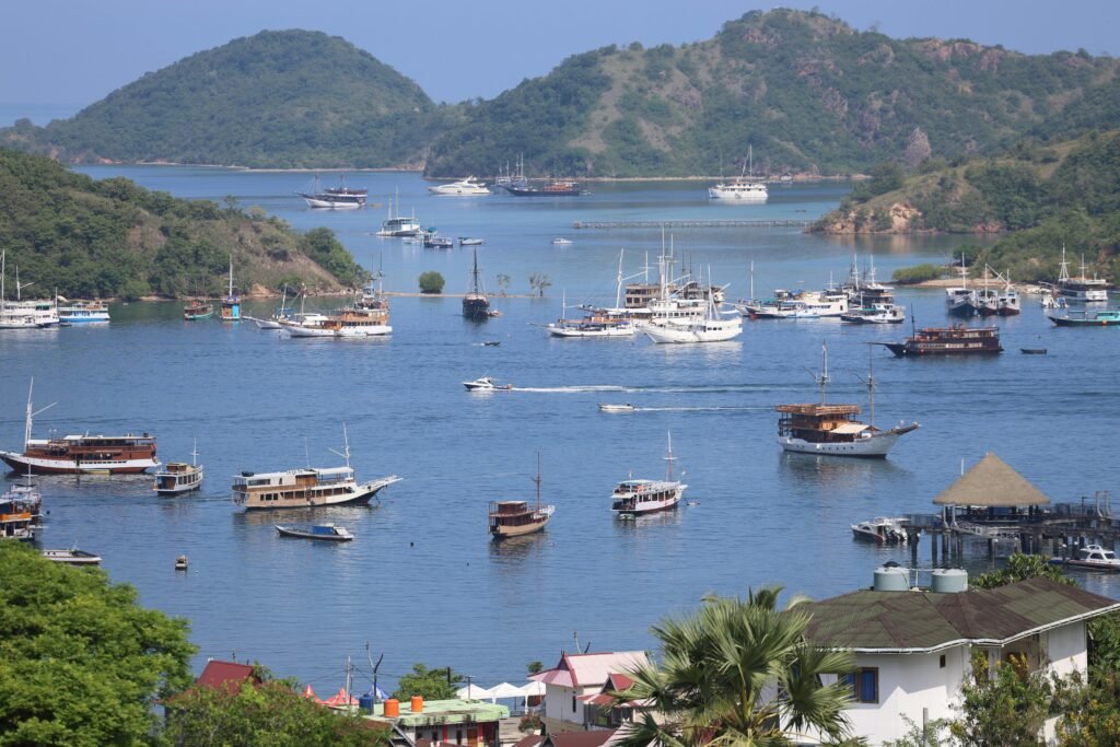 Explore the picturesque harbor of Labuan Bajo, Indonesia, bustling with boats against lush hills.